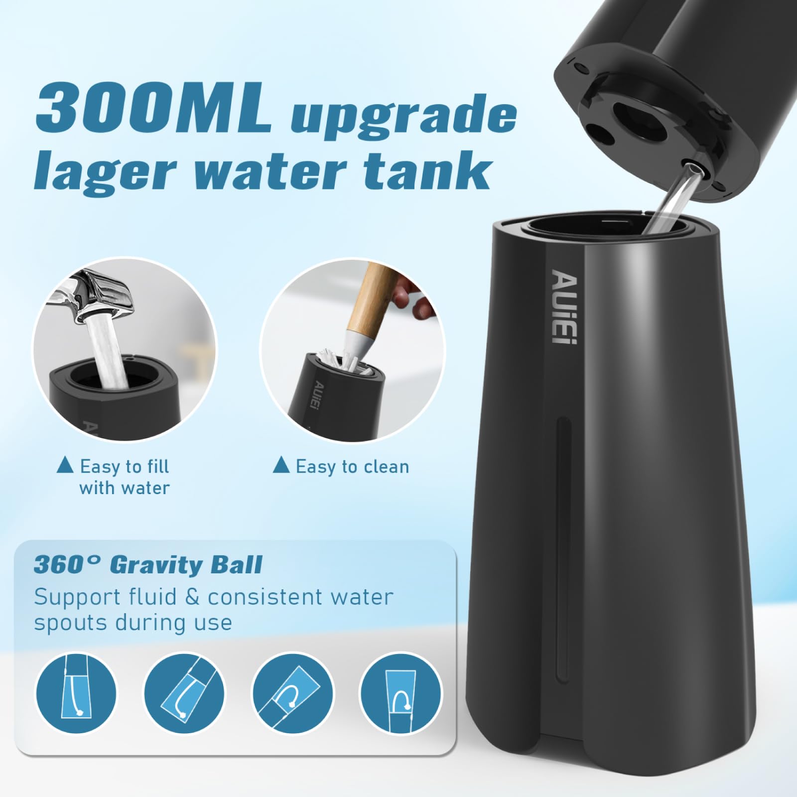 AUIEI Pick de hilo dental de agua para dientes y aparatos ortopédicos, 300 ml de hilo dental inalámbrico Power con 8 puntas de chorro, irrigador bucal 5 modos de uso, impermeable IPX7, portátil para