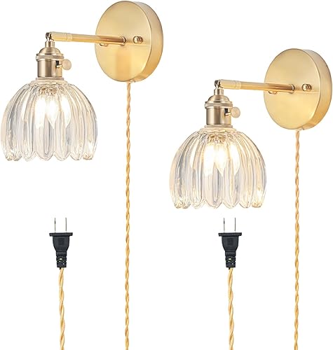 Juego de 2 apliques de pared enchufables, apliques de pared vintage con pantalla de cristal transparente de tulipán, aplique de pared ajustable de