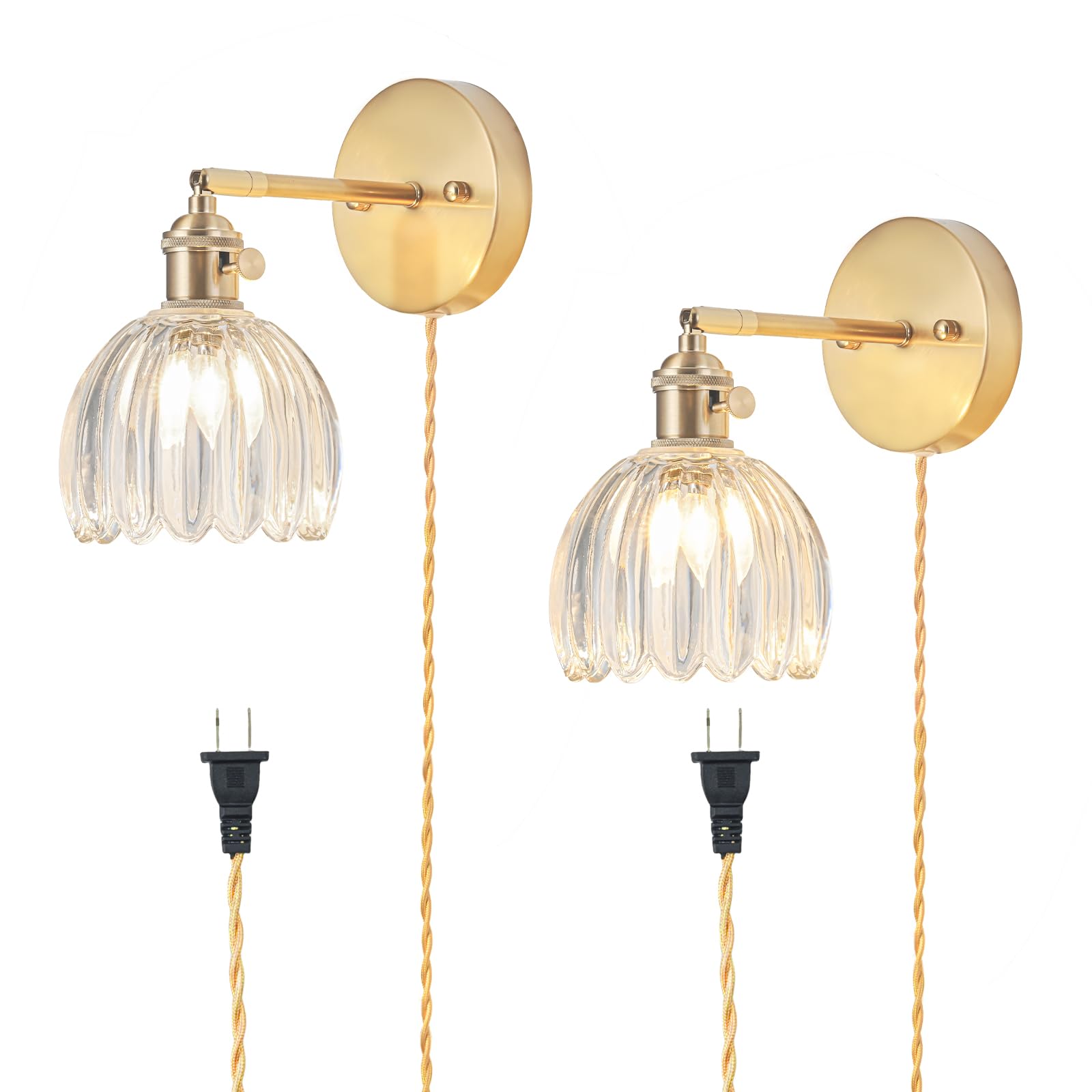 Plug in Wall Sconces Set of 2, Vintage Wall Sconce Light with Tulip Transparent Glass Lampshade, Bedroom Wall Sconce with Switch and Plug in wall lamp Cord, Gold Wall Light Wall Decor Set of 2