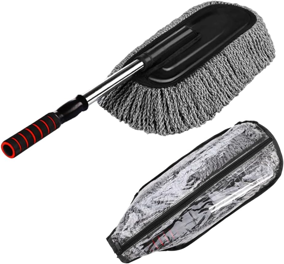 Microfiber Car Duster Exterior Interior Cleaner Cleaning Kit size 15.7 inch with Long Retractable Handle to Trap Dust and Pollen for Car Bike RV Boats or Home use - Grey