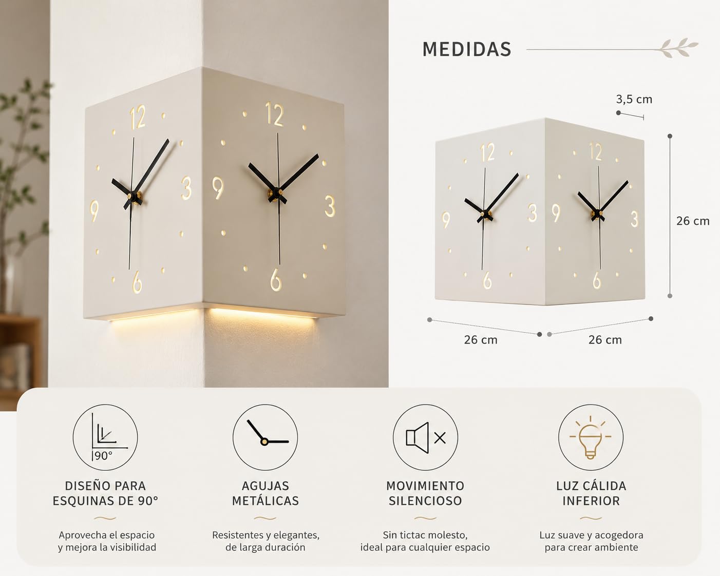 Reloj de Pared Esquina Doble Cara, Silencioso con Sensor Luz (Dorado) | Reloj de esquina doble cara, silencioso y a pilas. Con sensor de luz, es ideal para decorar su hogar u oficina.
