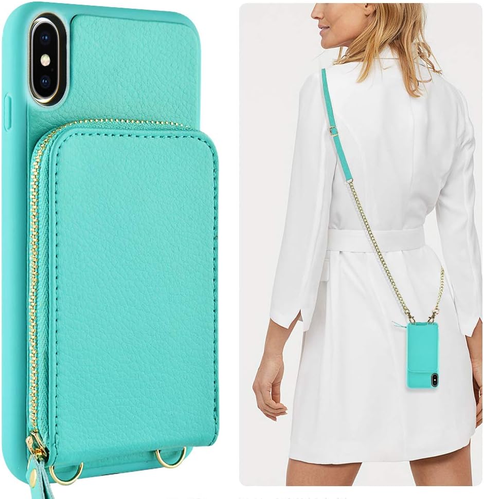 iPhone Xs Wallet Case, JLFCH iPhone X Leather Zipper Case with Card Slot Holder Zipper Closure Detachable Wrist Strap Crossbody Shouder Chain Purse for iPhone X/XS 5.8 inch - Mint Blue