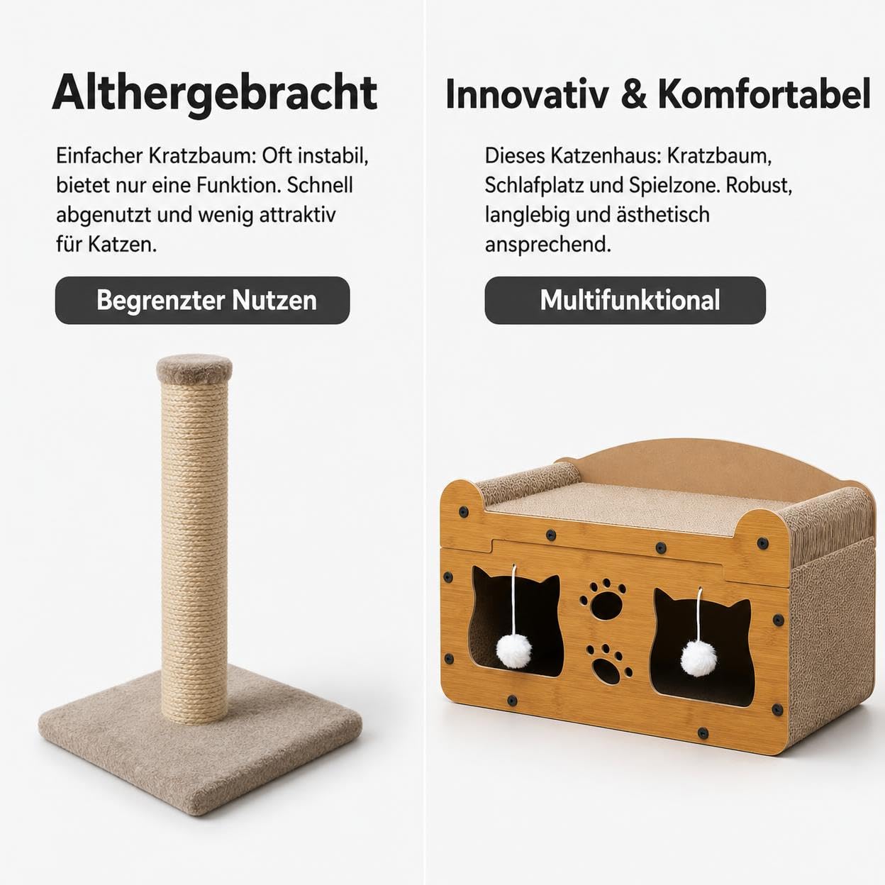 Kratzbaum Kratzfläche Katzenbett Spielzeug Wellpappe Stoff Funktion für Katzen Haustierbereich Wohnung Büro, Doppelschicht mit Doppeltür, 51 x 27 x 30 cm
