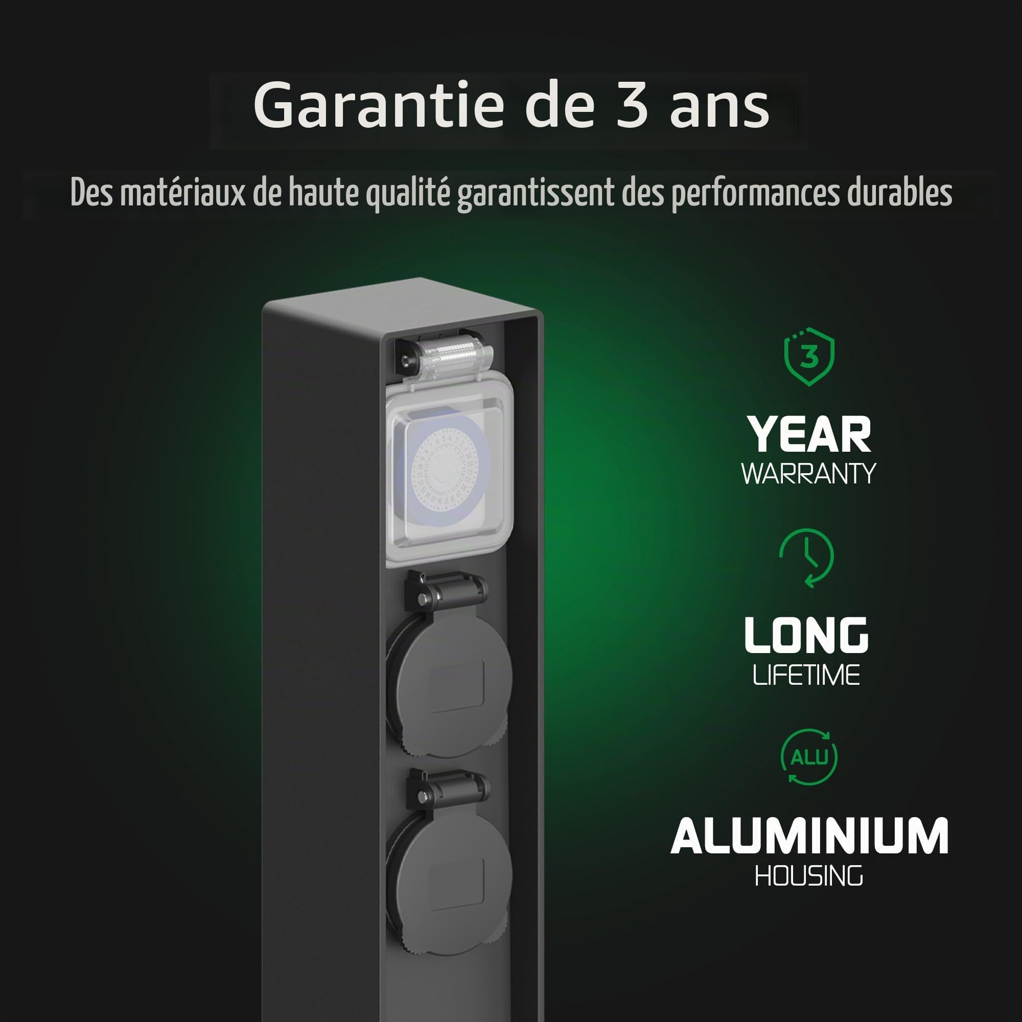 Ledvion - Prise Extérieure avec Poteau, Incl. Capteur, 2 Prises, Étanche IP44, Garantie 3 Ans