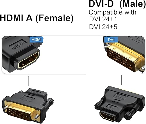 Miniatura 2 de RyzzRooa Adaptador DVI a HDMI, paquete de 2, adaptador bidireccional hembra HDMI a DVI-D (24+1) macho con chapado en oro para computadora, monitor,