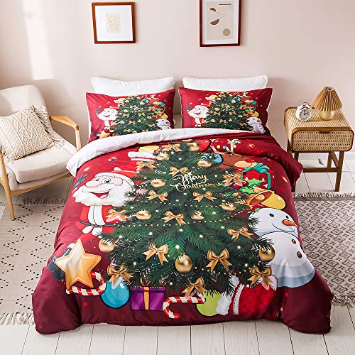 OLDBIAO Parure de lit 220 x 240 cm - Motif sapin de Noël - Motif 3D - Rouge - Housse de couette 220 x 240 cm - Avec 2 taies d'oreiller de 50 x 75 cm Cover