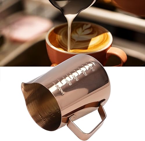 Miniatura 6 de Taza de espuma, jarra de leche de café 550ML con escala Jarra de vapor de acero inoxidable de oro rosa