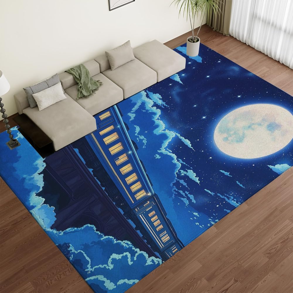 Tapis de chambre doux et sain train bleu lune lavable sans perte