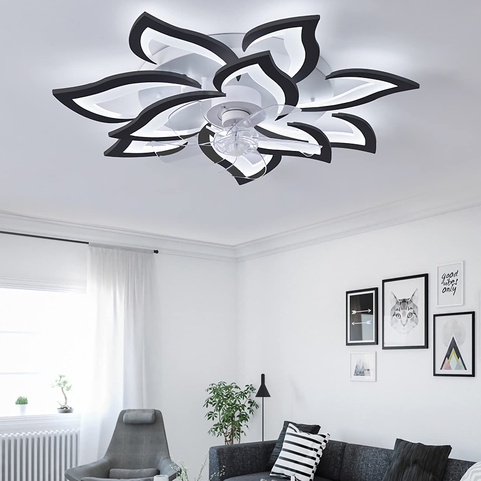YUNZI Ventilatore A Soffitto Con Luci LED A Forma Di Fiore: Silenzioso, Telecomando E APP, 6 Velocità, Motore DC, Bianco