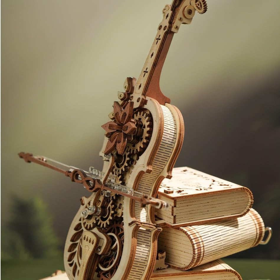 Primo piano laterale view of the Magic Cello 3D Wooden Puzzle Music Box, highlighting the internal gear mechanism.