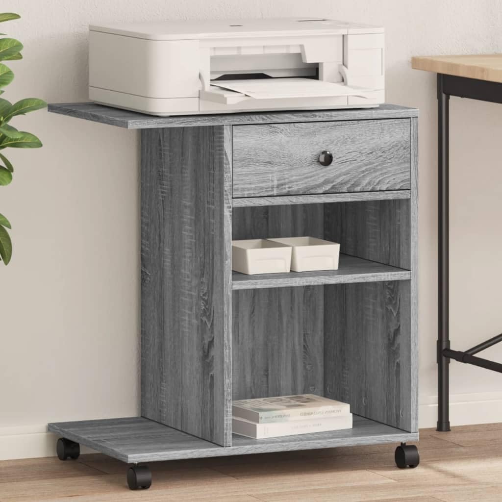 Druckerständer mit Rollen Grau Sonoma Holzwerkstoff 60x40x68,5 cm mit 4 Rollen und 2 Bremsen Flexibler Druckertisch Büroorganisation Homeoffice Ablagefach