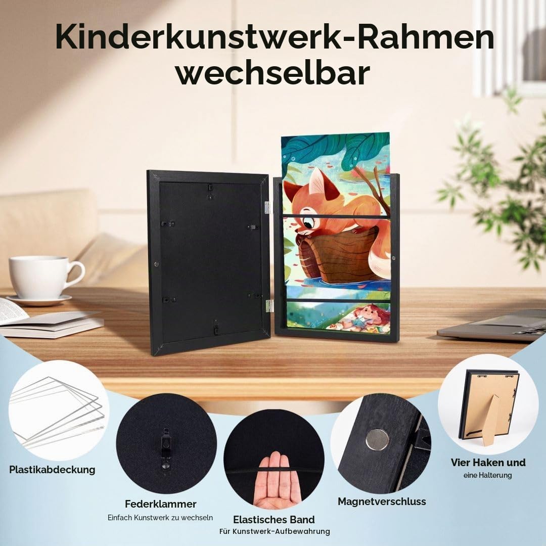 2 Stück Bilderrahmen Kinderzeichnungen A4,Bilderrahmen Aufklappbar für Kinderbilder,Frontöffnung Phoframe für Kunstwerke,Kunstprojekte,mit Aufbewahrung,Tief zum Befüllen(Schwarz)