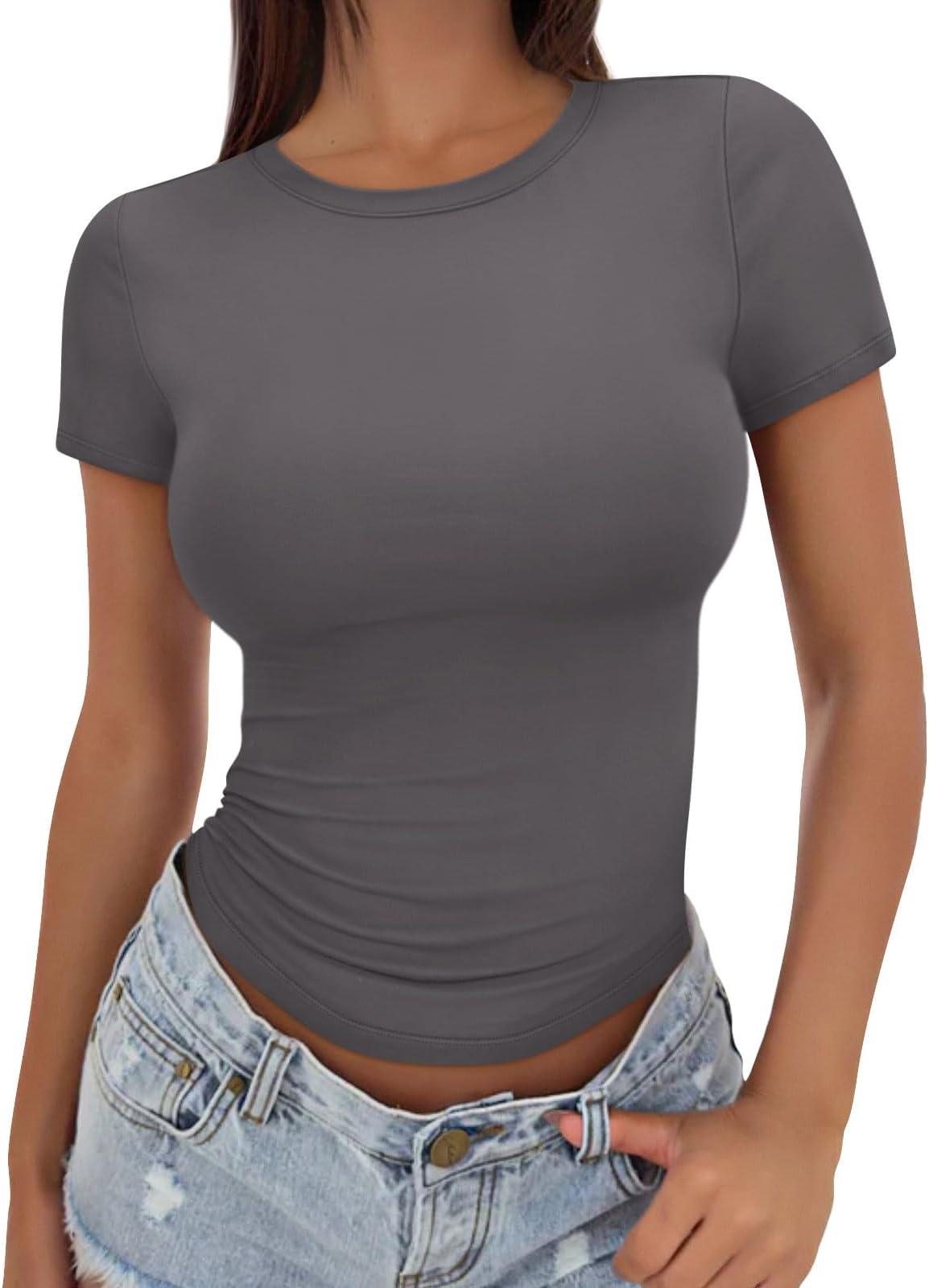 Trendy Queen Womens Basic T Shirts Summer Tops 2025 Crop Short Sleeve Slim Fit Tee Cute Gym Workout Clothes
