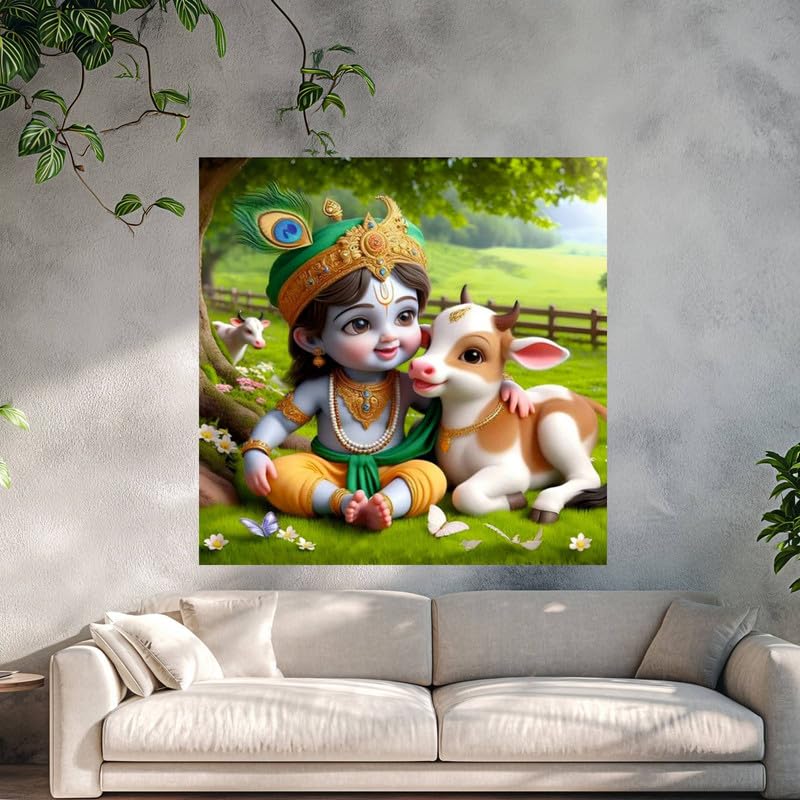 Image of British Terminal Cute little Bal Gopal Baby God Krishna| Kanha Ji | Laddu Lord Makhan Chor Painting Religious Poster for Pregnant Women for wall (matt thin vinyl,sticker,multicolor,unframed)| bj102