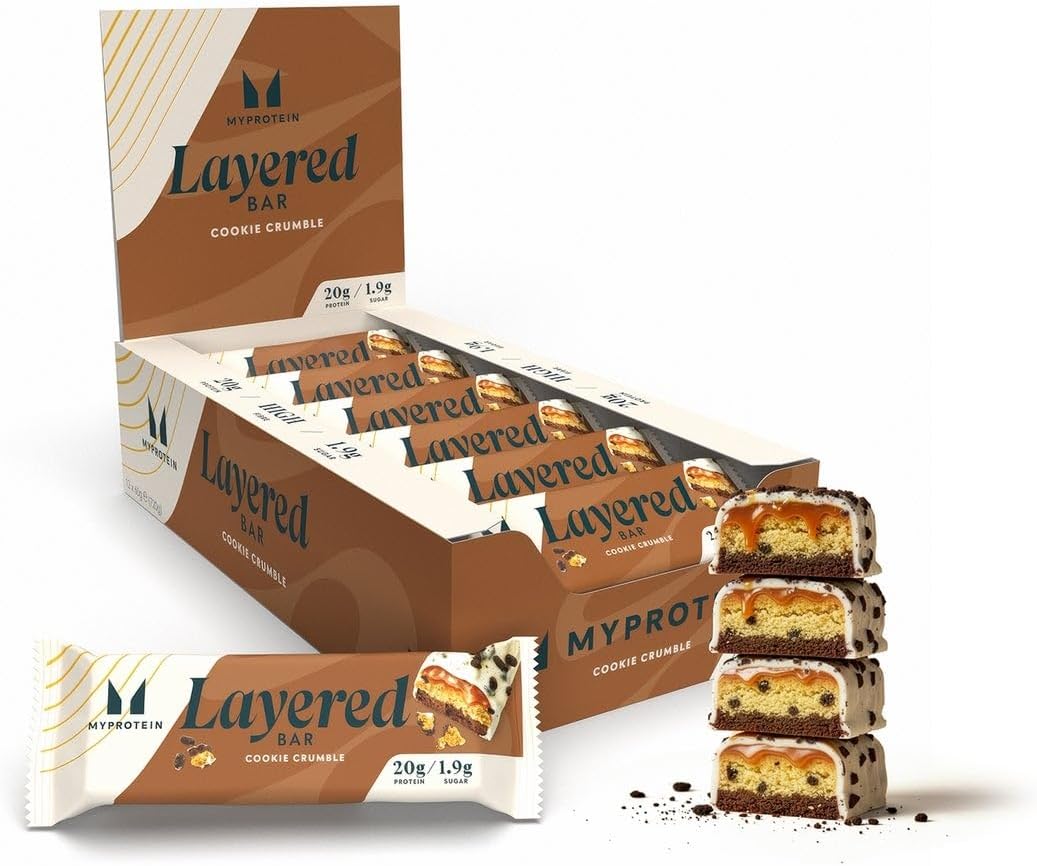 Layered Protein Bar - Cookie Crumbles Flavor, 20g Protein, Low Sugar & High Fibre, 12 x 60g Bars, Multilayered Snack for Active Lifestyles