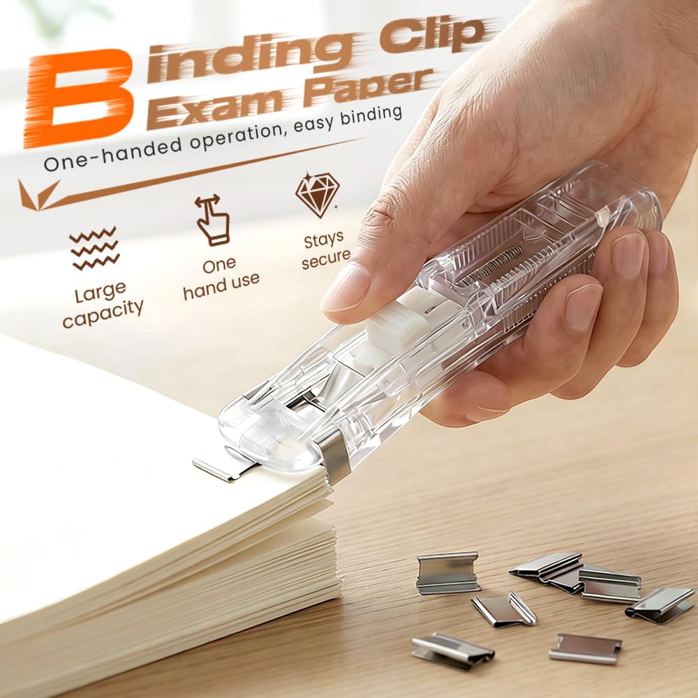 Grapadora portátil de clip para carpeta, incluye 50/100 clips reutilizables, dispensador de clips de papel de mano de tamaño grande, grapadora de escritorio reutilizable con dispensador (azul-2