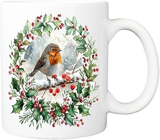 Pickhut Christmas Robin Mug – Festive Coffee & Tea Cup with Winter Holly Wreath Design – Ceramic Bird Mug – Gift for Men, Women, Secret Santa, Stocking Filler, Xmas Home Décor