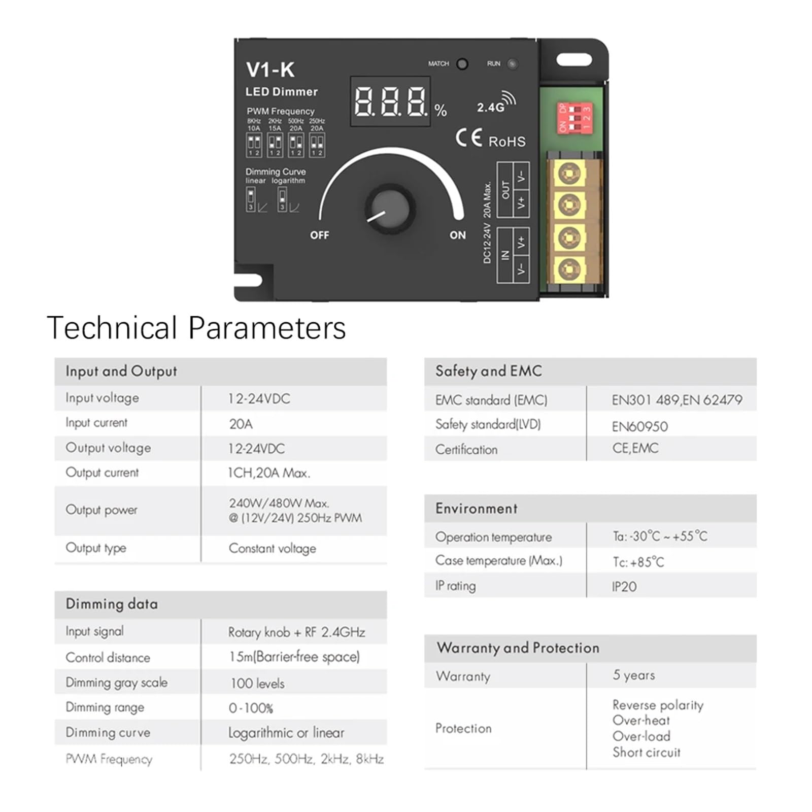 Drehbarer LED-Dimmer, DC 12 V, 24 V, PWM, kabellose Frequenz, einstellbar, 20 A, einfarbiger LED-Lichtleisten-Controller, Knopf, 12-Volt-Dimmerschalter (Color : Model G, Size : DC 12-24V)