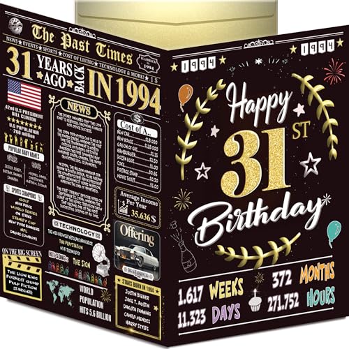 31st Birthday Card for Women Men - Back In 1994 Black & Gold - 31 Happy BIRTHDAY card - 31 st birthday gift for Her Him - JUMBO size - 31st birthday decorations Dad Mom - Best gifts for 31 year old