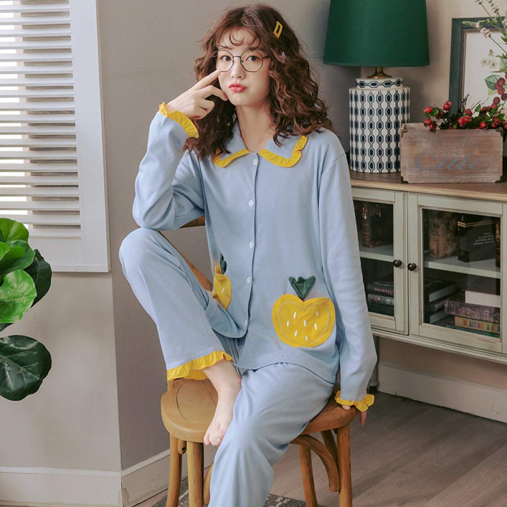 Conjunto De Pijamas De Mujer,Conjunto De Pijamas De Fresa Dulce Ropa De Dormir De Manga Larga De Algodón Top Con Botones Y Pantalones Pjs Cozy & Ropa De Dormir Suave Para El Otoño Invierno,Azul,M