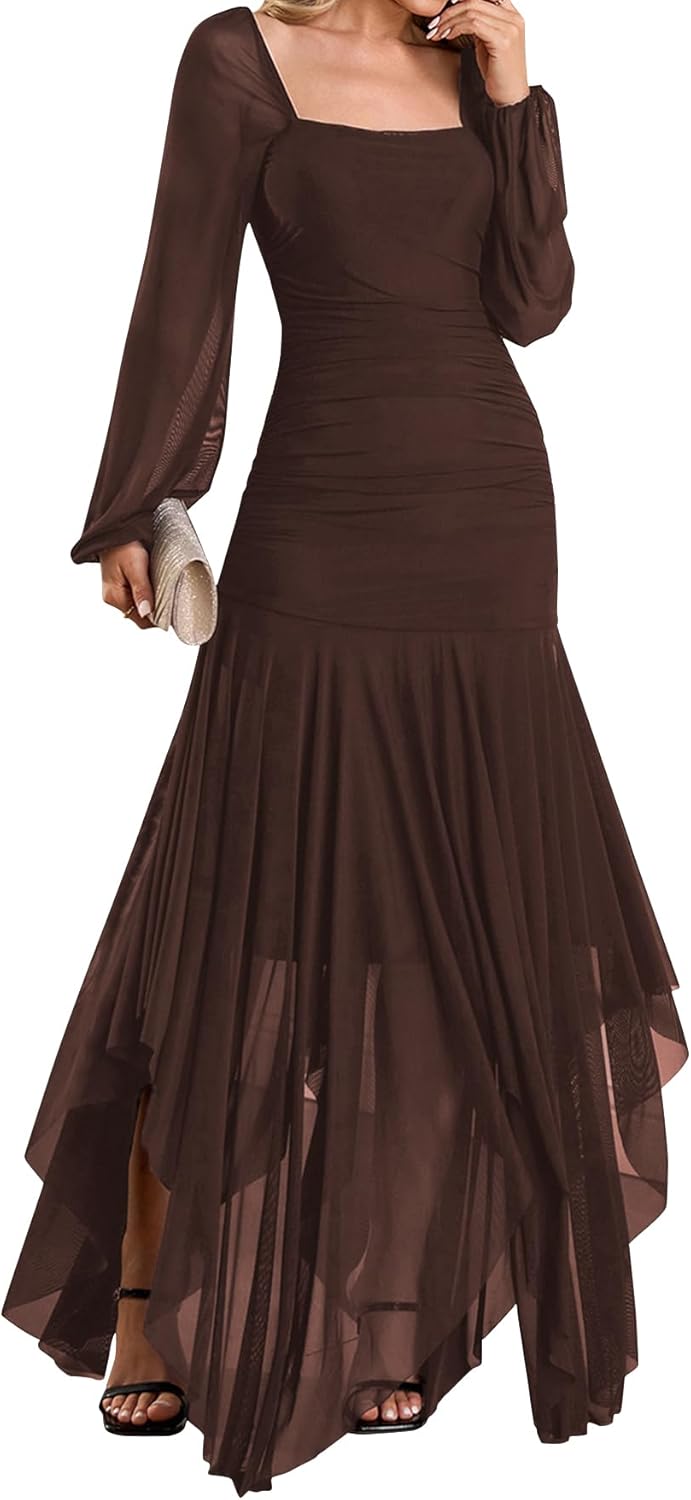 Women's Formal Long Sleeve Maxi Dress Asymmetrical Hem Square Neck Mesh Wedding Guest Cocktail Dresses