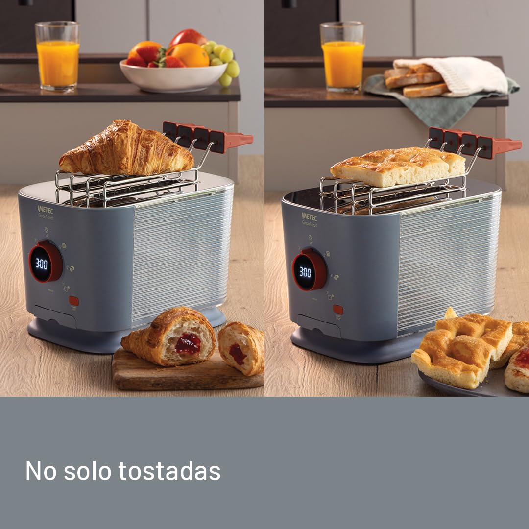 Imetec Grantoast, Tostadora XL de 2 rebanadas con pinzas deslizantes para tostadas rellenas, 7 niveles de dorado, fácil limpieza, pantalla LED, plancha para calentar, temporizador digital