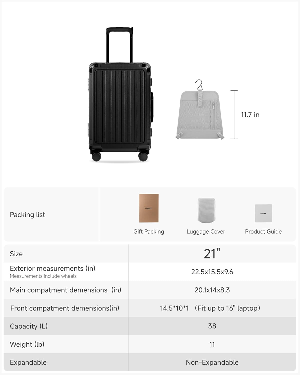 LUGGEX Zipperless Carry On Luggage with Spinner Wheels, SF81 Aluminum Polycarbonate Hard Shell Front Opening Suitcase, TSA & Cup Holder (ZX-Pro, Black, 21 Inch)