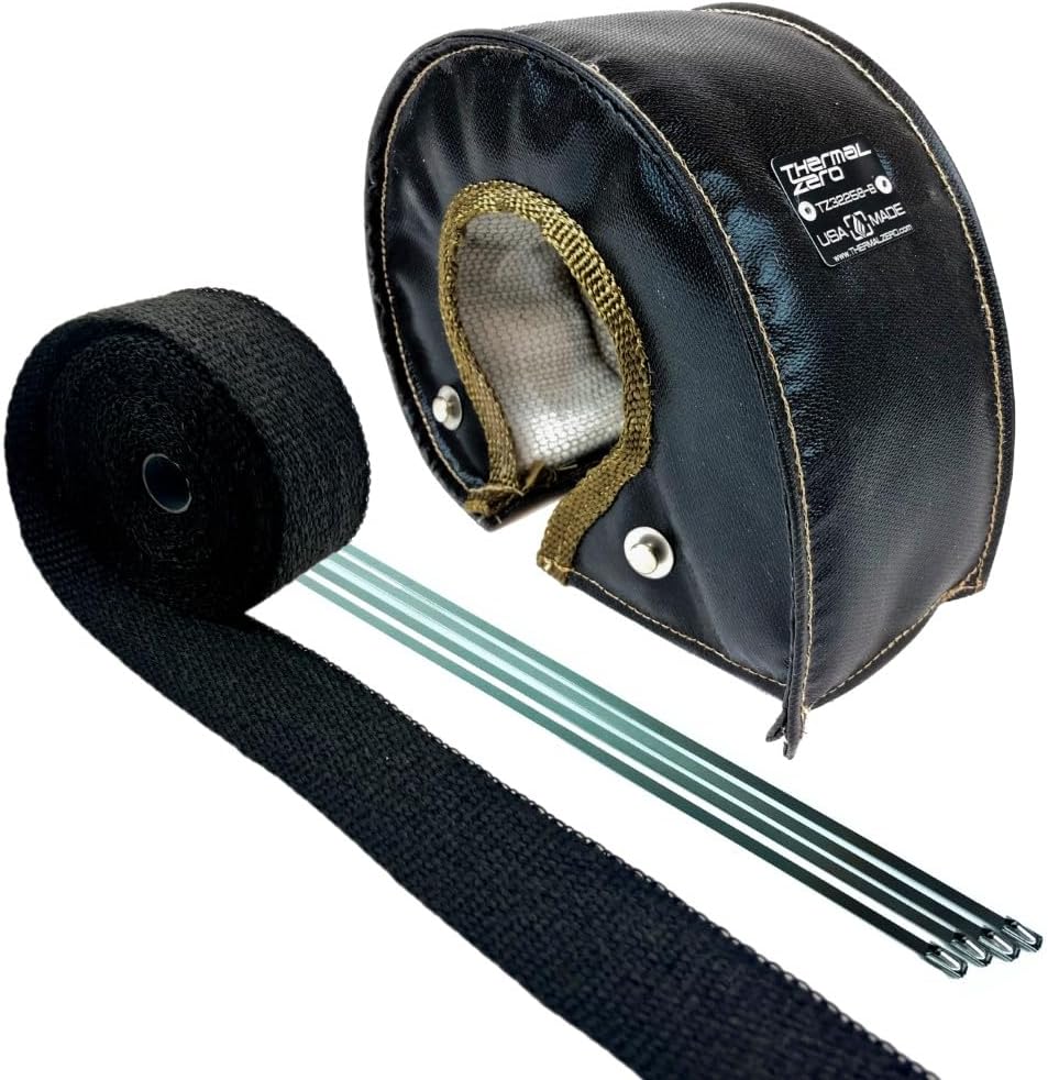 Thermal Zero USA MADE Black T4 Turbo Blanket Heat Insulation Cover Combo Kit includes Black High Temperature Exhaust Down Pipe Wrap Roll (2" wide x 25' long) & Stainless Steel Zip Ties - TZ32258-BBKIT