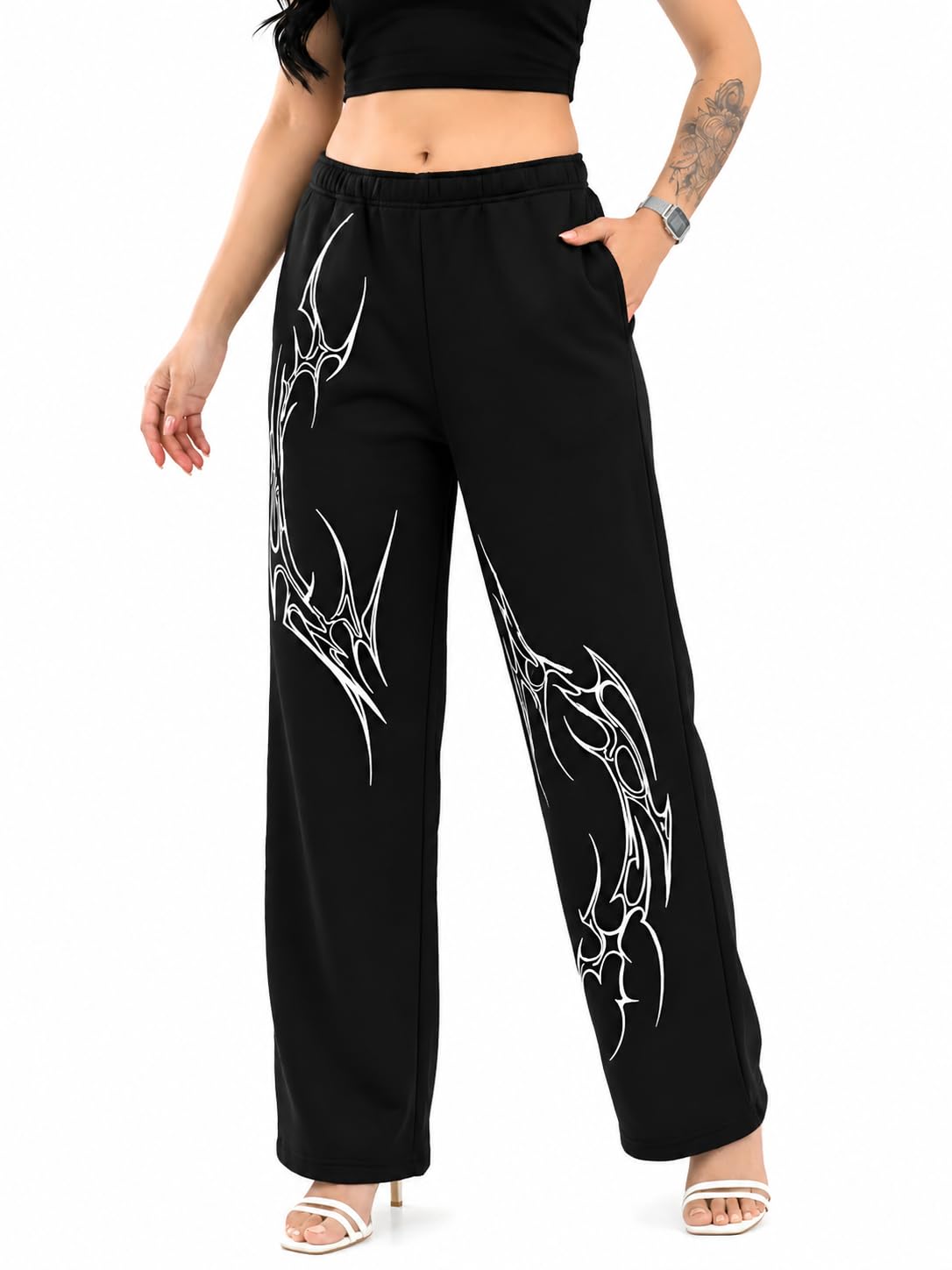 tedwoods Women’s Flame Print Wide Leg Pants | Stylish Black Loose Fit Streetwear Trousers with Elastic Waist-picture-17