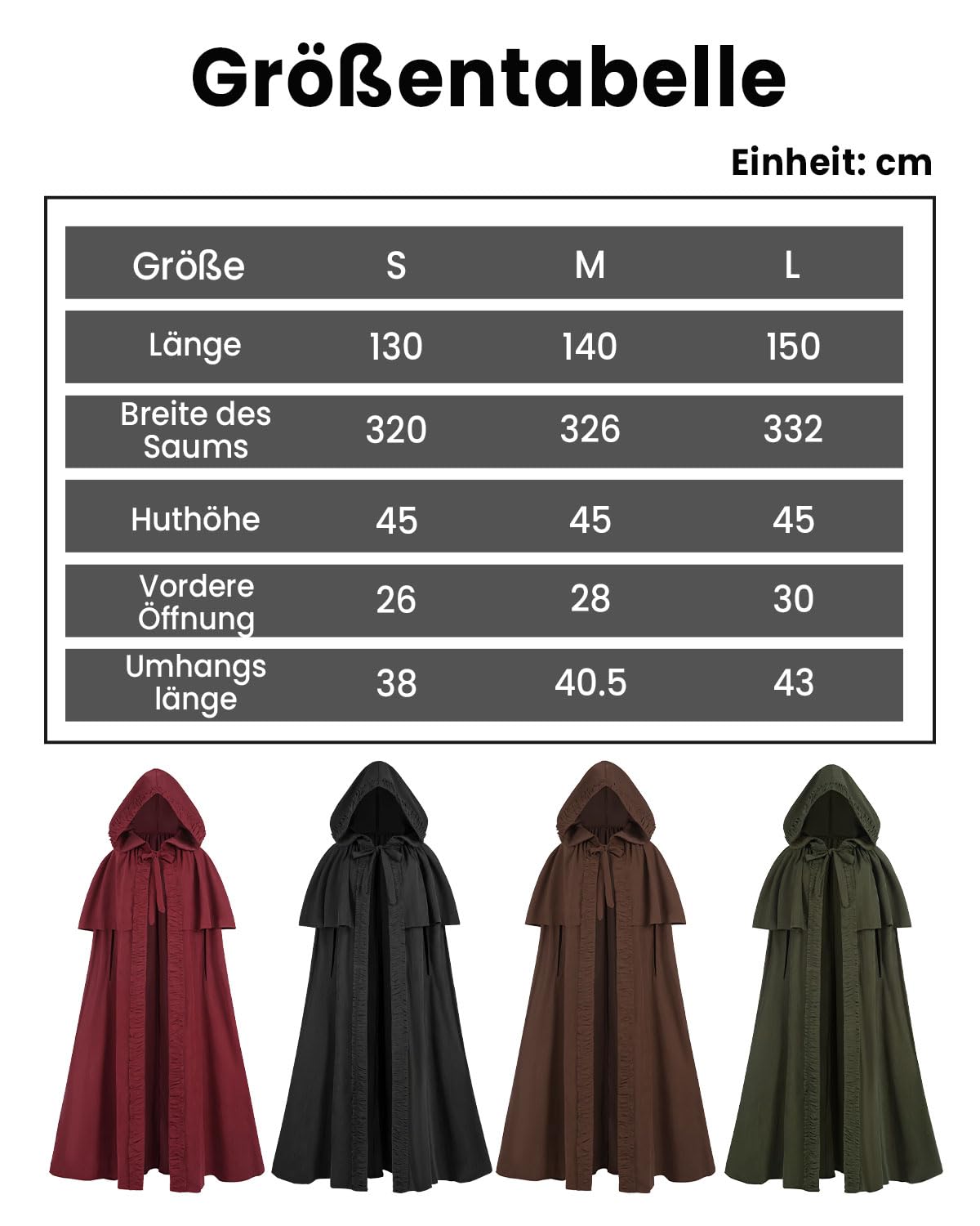 Fiamll Mittelalter Umhang Damen Kapuze Mantel mit Manschette Einfarbige Trenchcoat Renaissance Vampir Umhang Gothic Cosplay Cape Halloween Kostüm