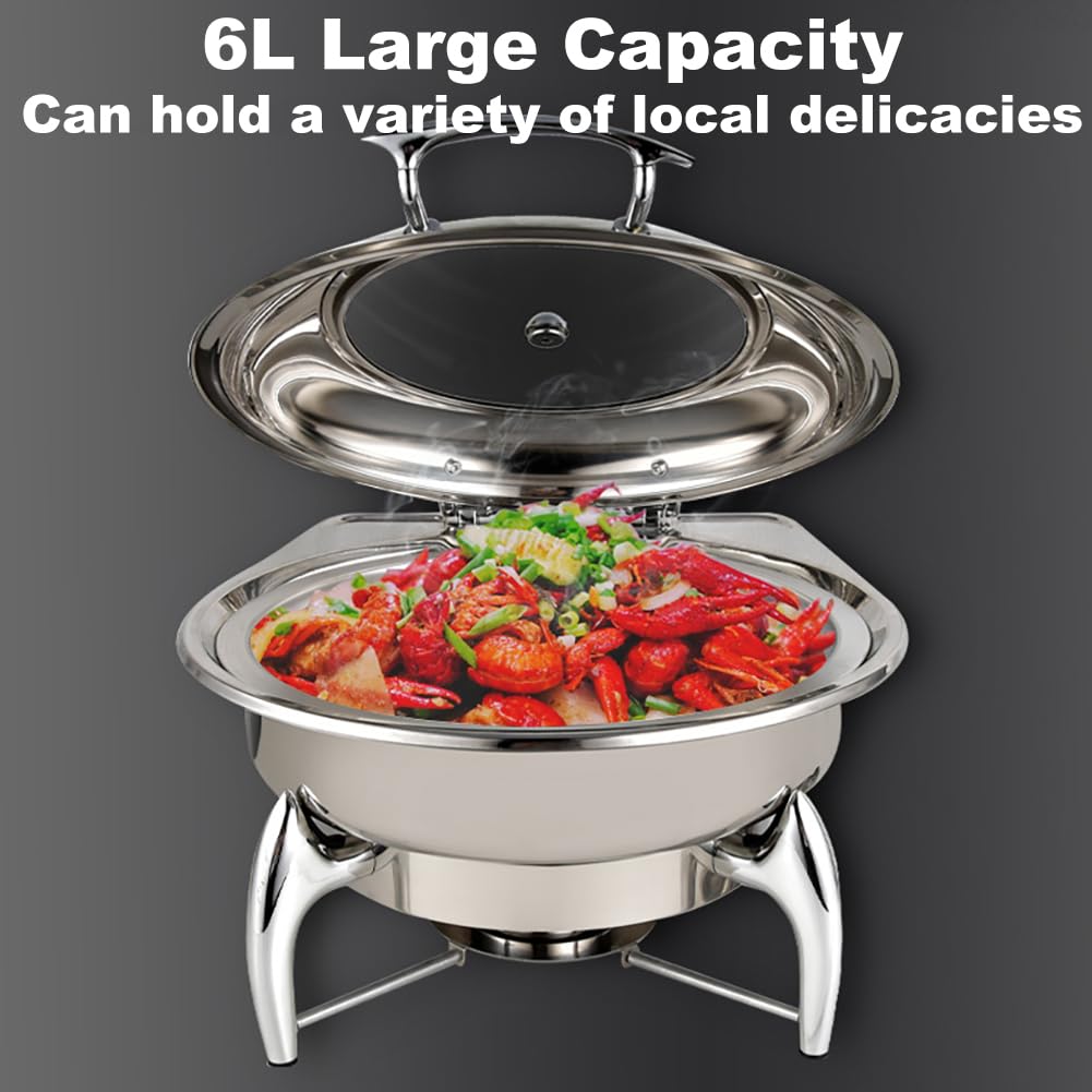 Estufa de Buffet Redonda de Acero Inoxidable, Bandeja de Calentamiento de Alimentos Visible abatible para Restaurante de Hotel de 6 litros, Adecuada para Banquetes, Bodas y Fiestas,Oro