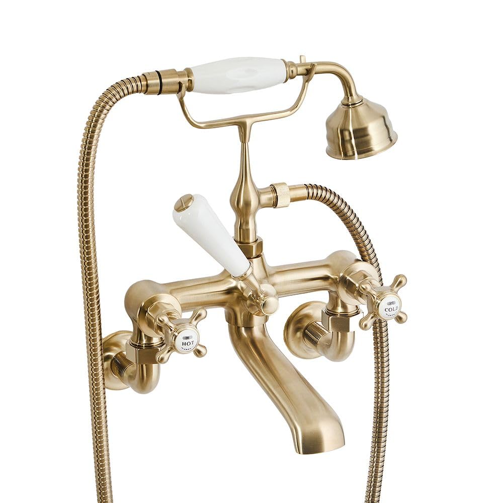 Milano Brushed Brass Elizabeth Wall Mounted Bath Shower Mixer Tap Crosshead Handles