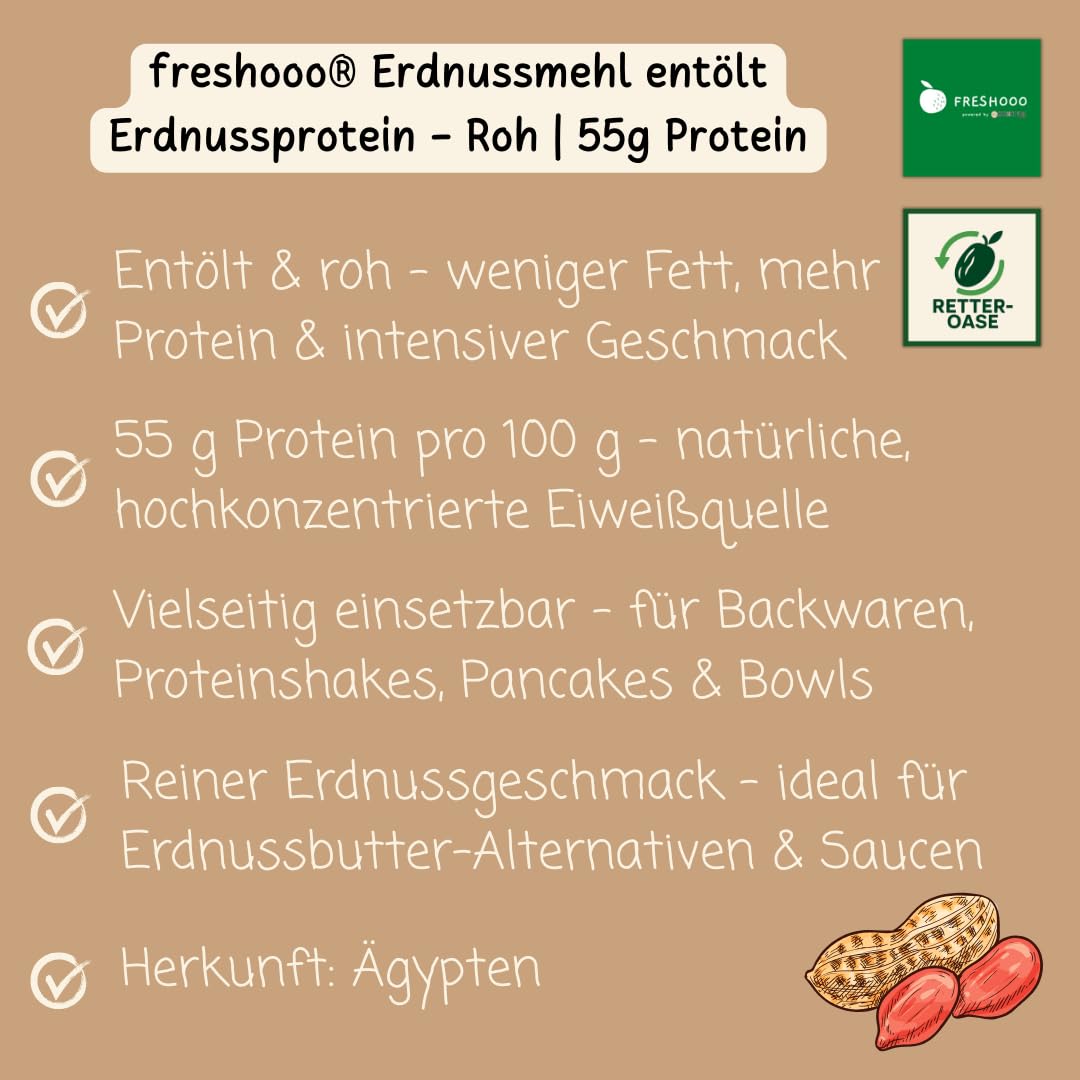 freshooo® Erdnussmehl entölt & roh | 1,0 kg | Erdnussprotein | 55% Protein | ökologisch-nachhaltig abgepackt