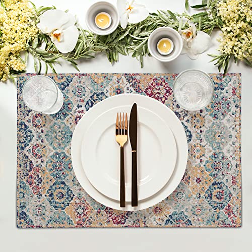 Image of Ethnic Boho Placemats Set of 4 Bohemian Carpet Vintage Rust Coral Floral Carpet Linen Washable Kitchen Dining Table Mats Stain Heat-Resistant Desktop Decor Place Mats 12x18 in
