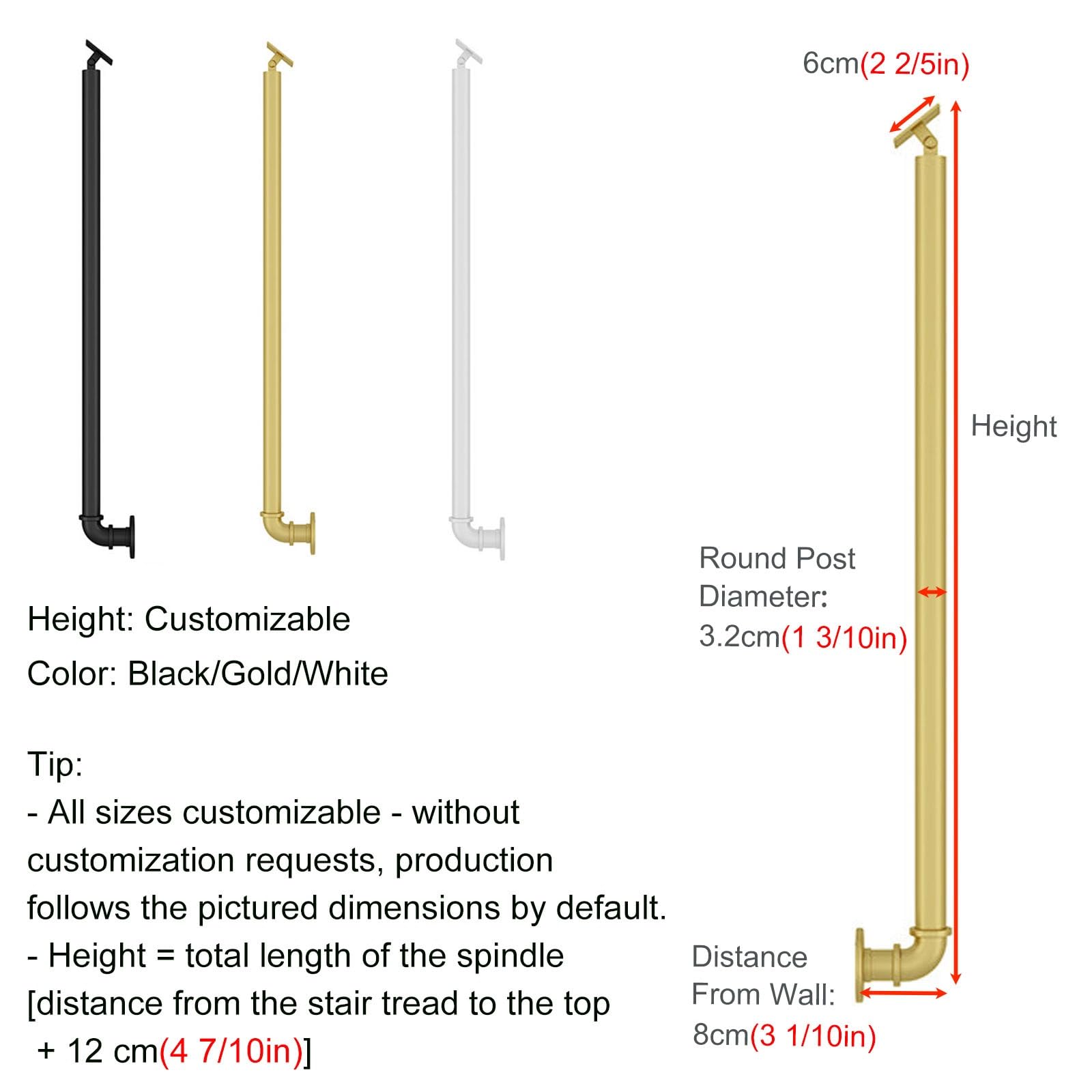 Regulowane czarno-białe żelazne tralki schodowe - nowoczesne wrzeciona balustrady do wnętrz DIY konfigurowalne wysokości 30-60 cm idealne do dekoracji loftu i domu (1 sztuka 61 cm)