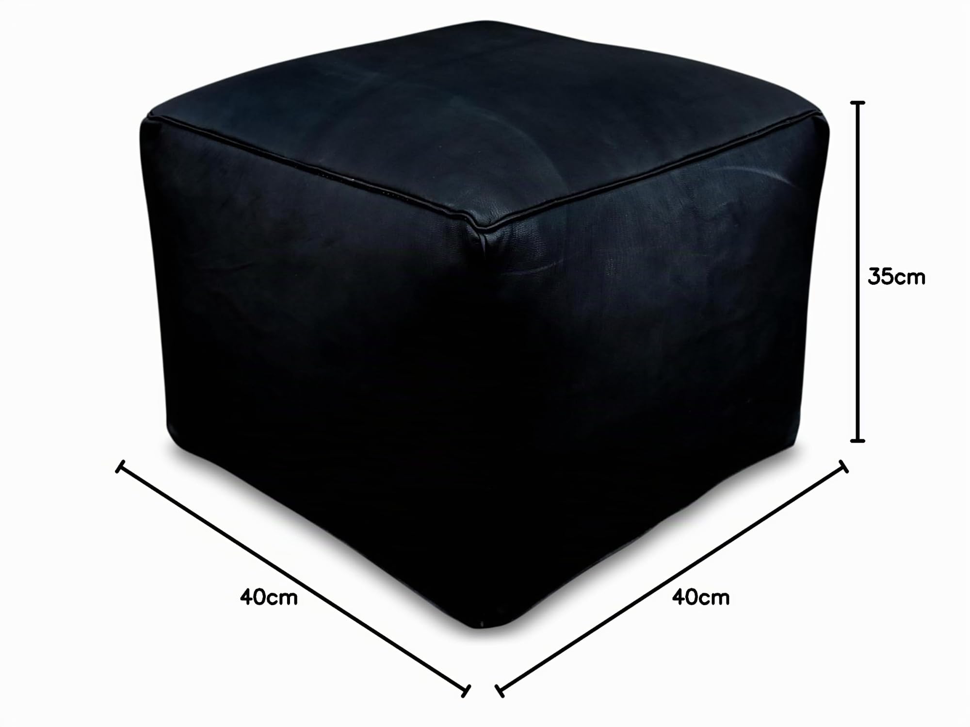 See the Good Quadratischer Leder Pouf - Handgefertigt - gefüllt geliefert - Ottoman, Sitzsack, Fußhocker (Schwarz)
