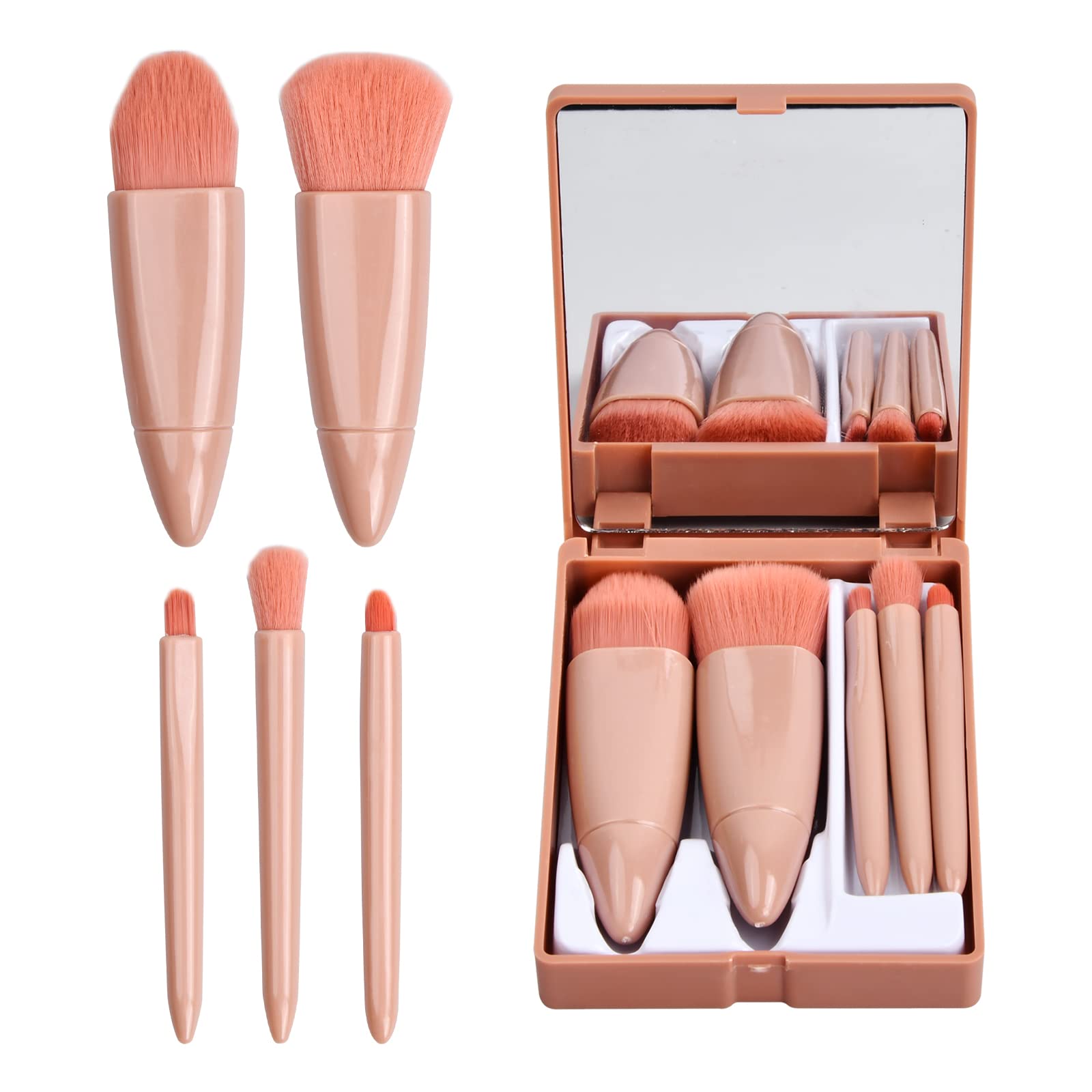 Juego de Brochas de Maquillaje Mini, 5Pcs Brochas de Maquillaje Profesional de viaje, Sintético Pinceles de maquillaje con Estuche de Espejo para Base colorete Corrector Crema Cejas Iluminador Polvos