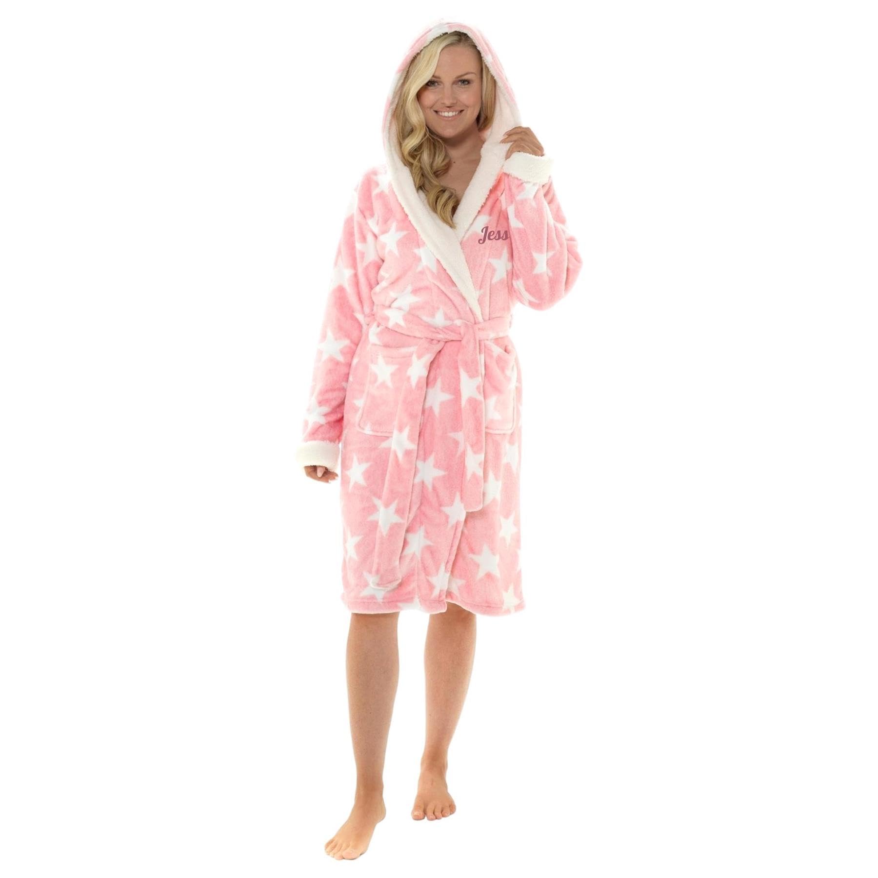 Personalised Womens Ladies Dressing Gown Star Printed Fleece Soft Hooded Robe (Pink, 20-22)