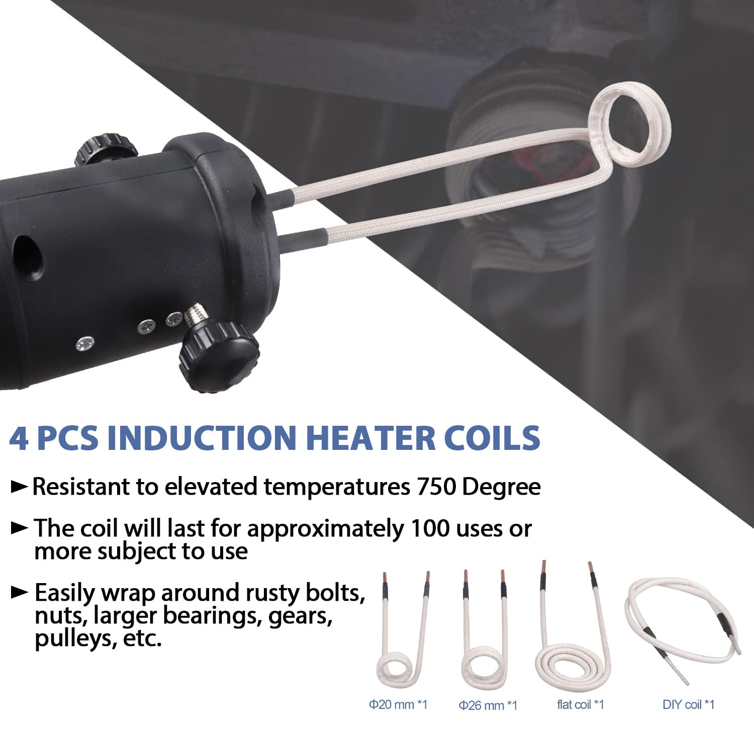 Calentador de inducción magnética de 1500 W 800 ℃, extractor de tornillos por inducción, 4 bobinas, calentador de inducción sin llama para retirar pernos y tuercas oxidados (negro)
