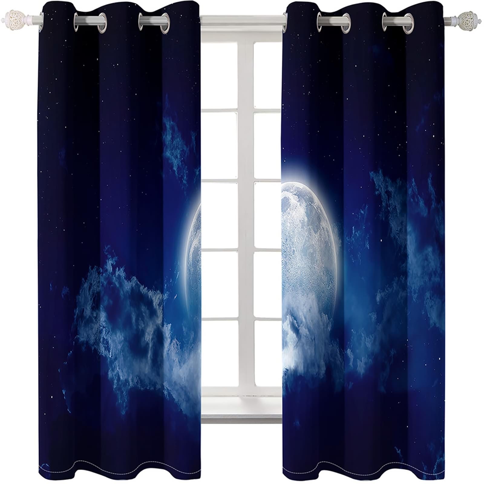 Cortinas modernas opacas para salón, 2 unidades, cortina elegante para ventana con anillos, diseño de paisaje de luna, cortinas elegantes para dormitorio, 152 x 274 cm (ancho x alto), azul