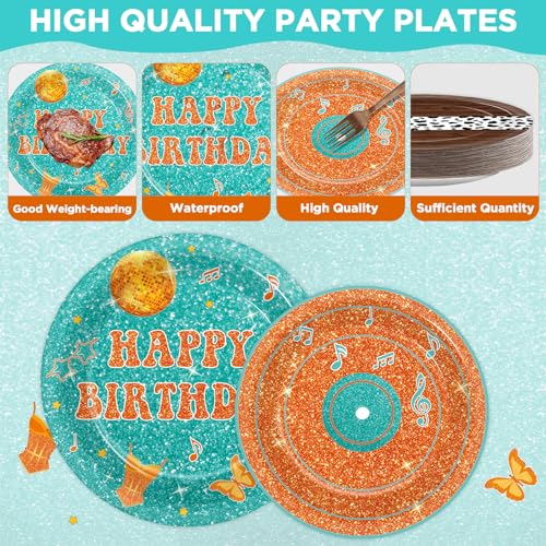 Image of 96PCS Popular Singer Birthday Party Paper Plates and Napkins Music Lover Party Decoration Pop Singer Theme Party Supplies Orange Green Glitter Tableware Set Serves 24 Guests Girls Baby Shower Favor