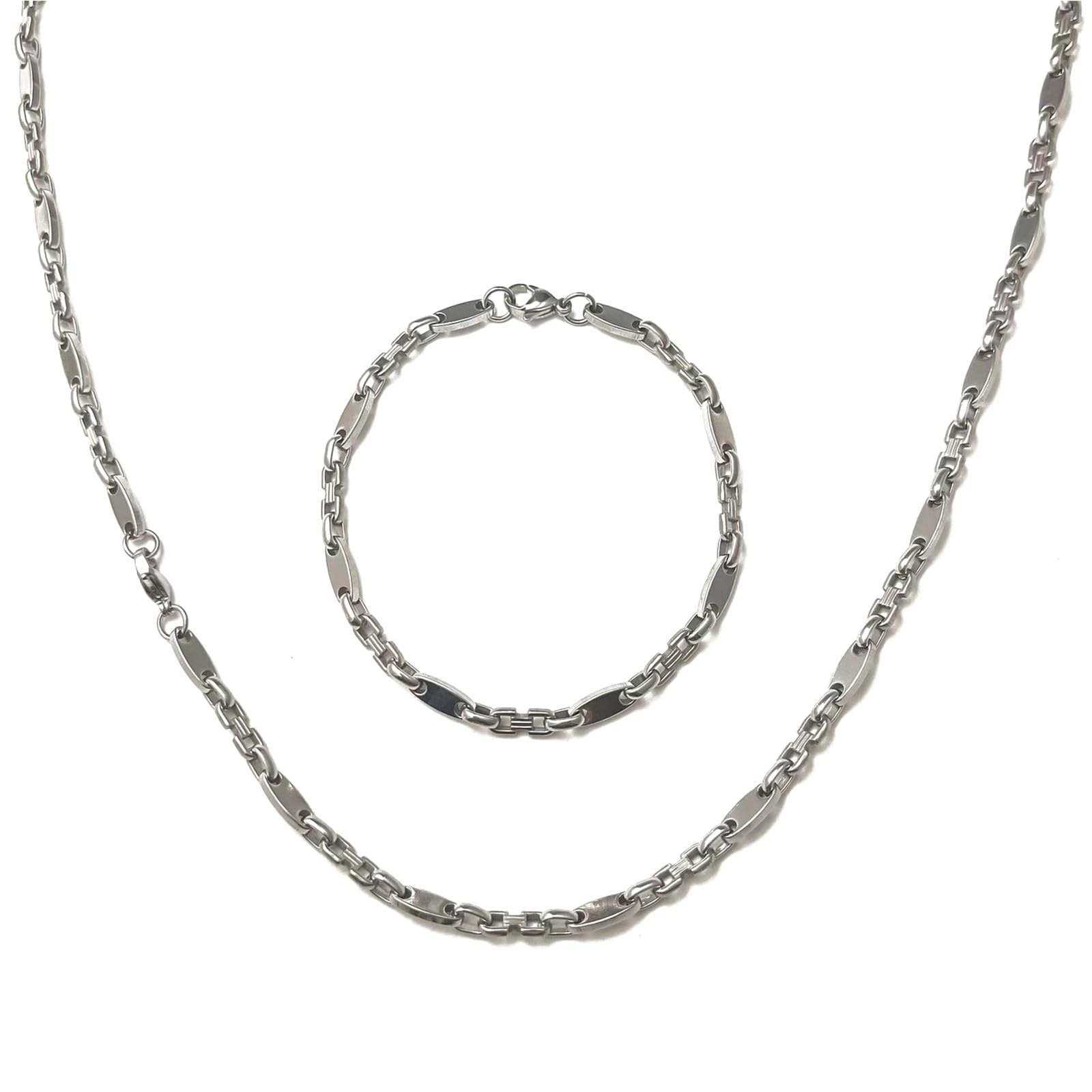 Plattenkette Set Edelstahl 60cm 4mm bis 10,5mm Cuban Halskette + Armband Platten Kette (6,5mm x 60cm, Plattenkette Silber)