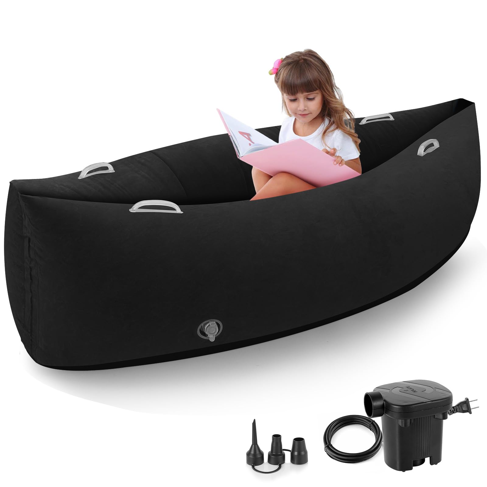Toggloo Sensory Chair for Kids โ 60 inch Comfy Peapod Sensory Chair for Kids Reading Corner, Inflatable Peapod Canoe for Children, ADHD Sensory Pea Pod โ Includes Air Pump, Black