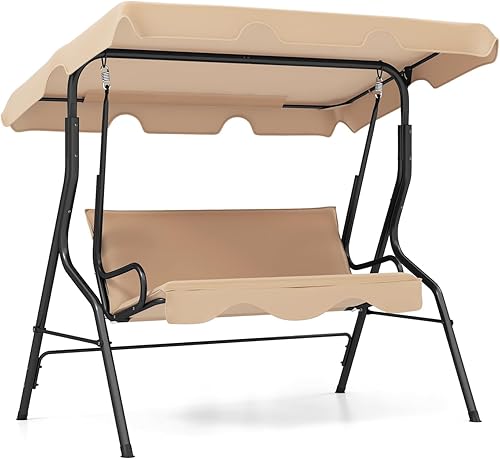 RELAX4LIFE Silla columpio para porche para 3 personas, columpio para exteriores con toldo ajustable, cojín extraíble y soporte de marco de metal,
