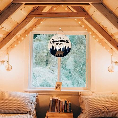 Miniatura 4 de LHIUEM Letrero colgante de madera con texto en inglés "The Adventure Begins", decoración de pared de bosque, con citas inspiradoras de montaña de