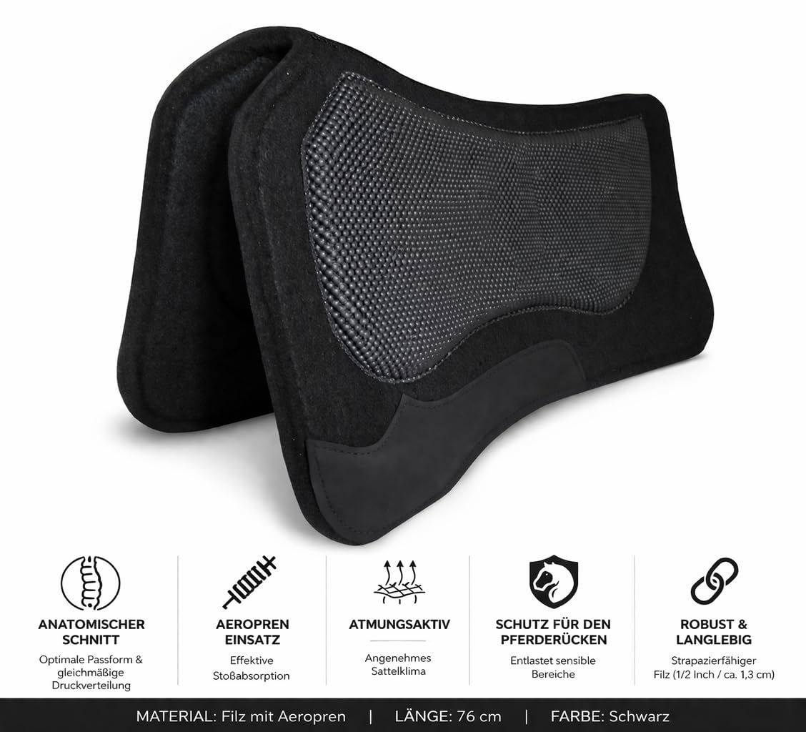 Generisch Westernpad Filz 1/2 Zoll mit Aeropren – Anatomisches Sattelpad für Pferde, stoßdämpfend & atmungsaktiv, schwarz, 76 cm
