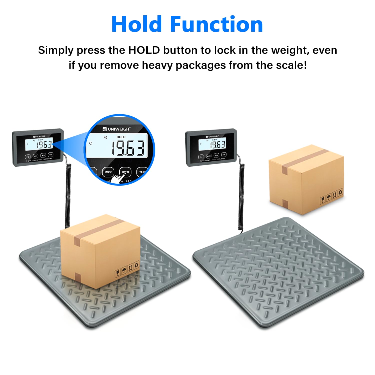 UNIWEIGH Wagi pocztowe 200 kg, cyfrowa waga pocztowa paczki, mocna stalowa platforma, waga wysyłkowa z funkcją LCD/Hold/Tare/Auto Off, waga do bagażu/magazynu, zasilanie bateryjne i zasilane przez USB
