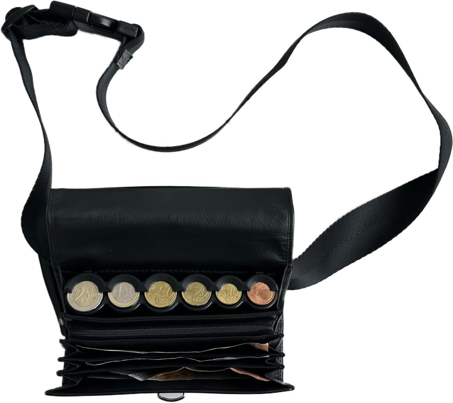 Sacoche Banane Serveur en Véritable Cuir de Bovin, avec Monnayeur Distributeur 6 Pièces d'Euros, Fermeture Cartable, idéale Serveur, Serveuse, Bar, Restaurant, Brasserie