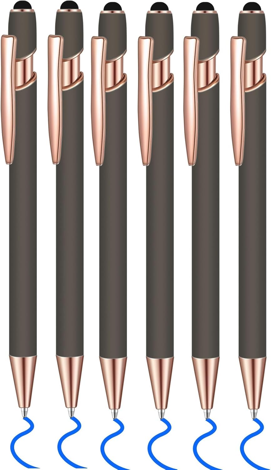 6 Pcs Blue Ink Ballpoint Pen with Stylus Tip 2 in 1 Ballpoint Pen Metal Pens Stylus Pen for Touch Screens School Office Coworkers (Gray Rose Gold)