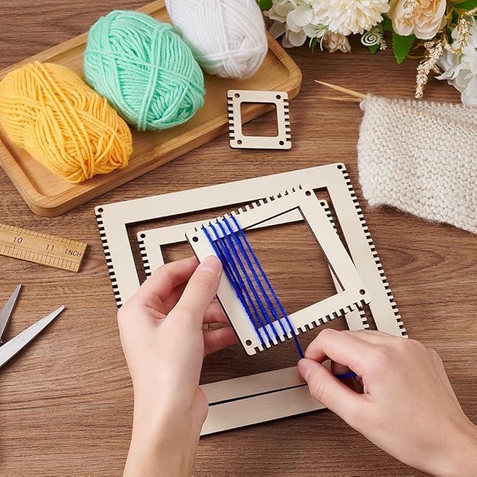 Curious Button Wooden Gear Square Loom Frame Set for Weaving & Craft Set of 4 | Size:12,10,8,6IN 2.7mm | DIY Embroidery, Crochet & Knitting Tool | Durable Wooden Craft Base 3